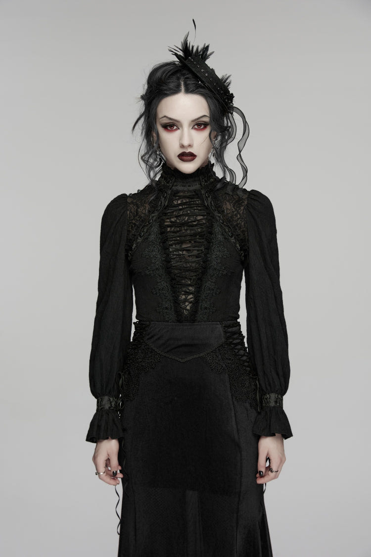 Black Stand Collar Long Sleeves Lace Lace-Up Slim Women's Gothic Blouse - Black - 1