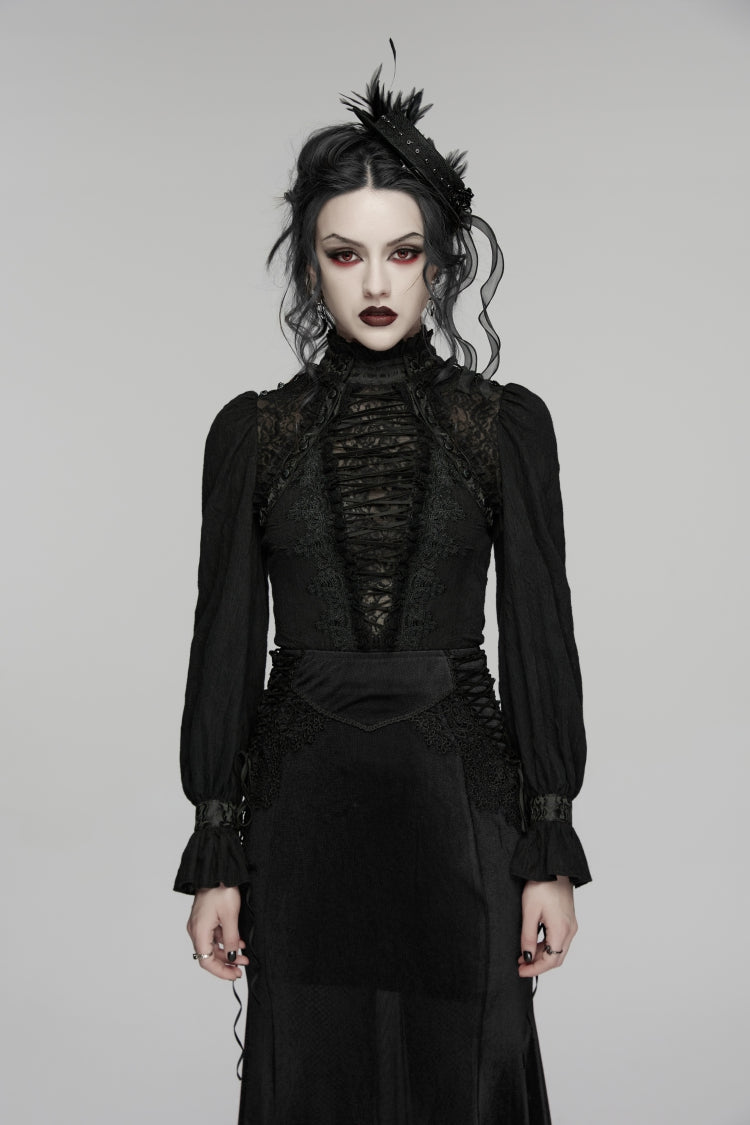 Black Stand Collar Long Sleeves Lace Lace-Up Slim Women's Gothic Blouse - Black - 1