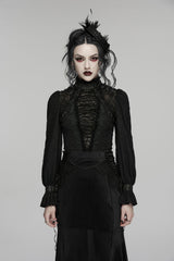 Black Stand Collar Long Sleeves Lace Lace-Up Slim Women's Gothic Blouse - Black - 1