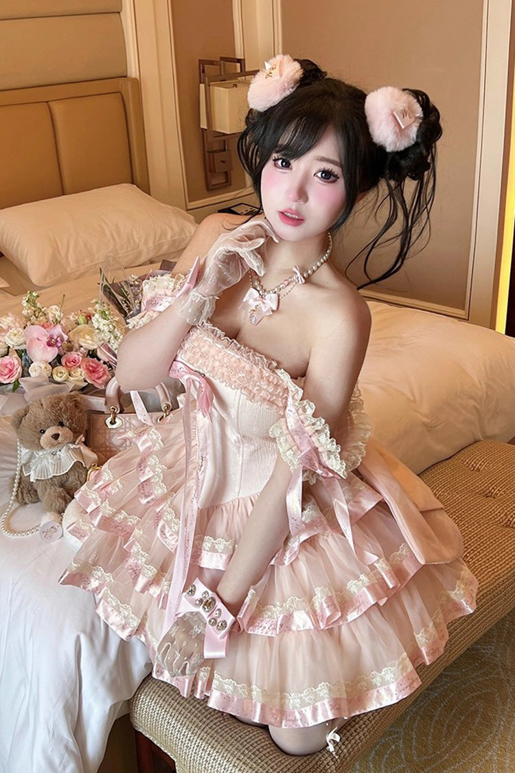 Pink [Princess Ribbon] Off Shoulder Triple-Layered Ruffle Bowknot Sweet Lolita Dress - Product - 3