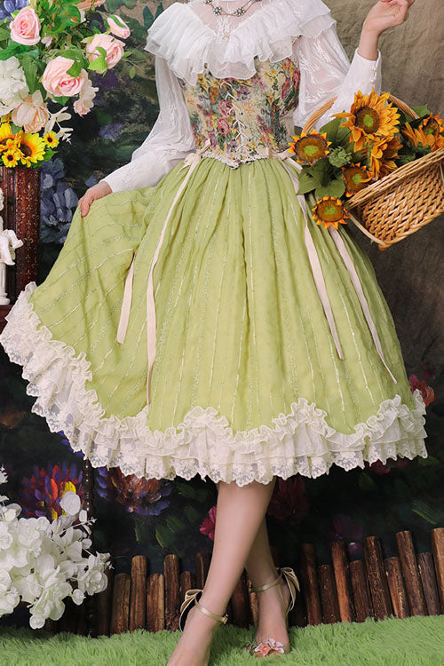 Green Elegant Vintage Tulip Multi-Layer Ruffled Classic Lolita Skirt Dress - Product - 5