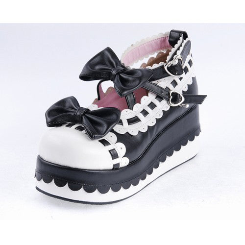 Black & White Romantic PU Round Toe Ankle Straps Bow Decoration Platform Lolita Shoes - Product - 6