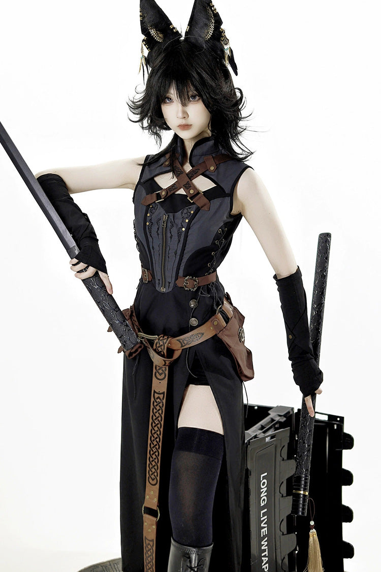 Black [Shadow Wasteland] Sleeveless Lace-Up Zipper Punk Lolita Dress - Product - 4