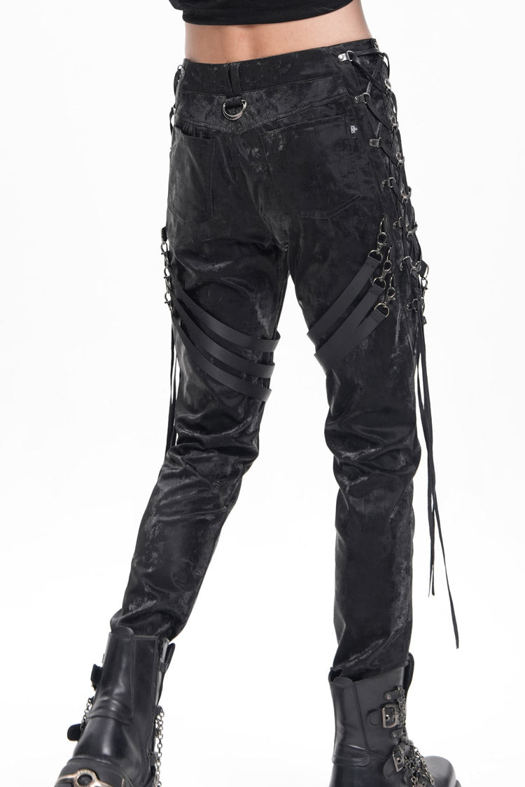 Black Buckle-up Spaghetti Straps Stitching Men's Gothic Pants - Product - 6