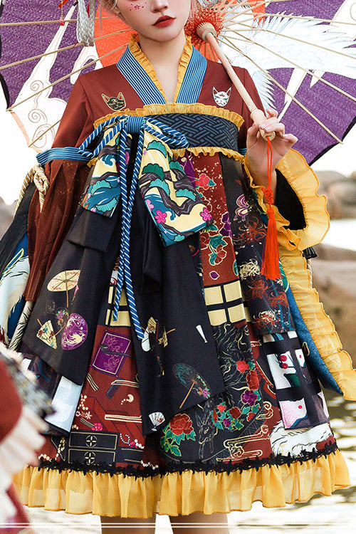 Multi-Color Retro Japanese Fox Trick Print High Waist Sweet Lolita OP Dress - Multi-Color - 1