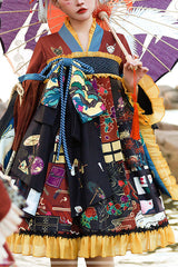 Multi-Color Retro Japanese Fox Trick Print High Waist Sweet Lolita OP Dress - Multi-Color - 1