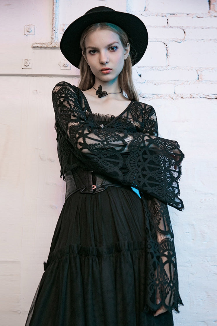 Black Metal Pendant Hollow Lace Lace-Up Women's Gothic Blouse - Product - 2