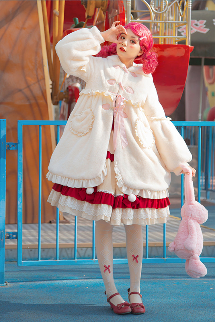 Ivory Long Ears Rabbit Ruffle Bowknot Hooded Daily Sweet Lolita Coat - Product - 8