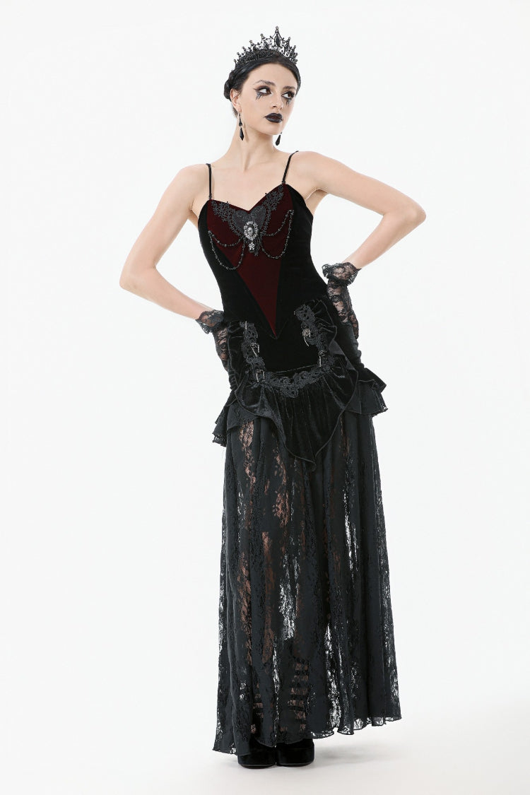 Black Multi-Layered Ruffled Velvet Spliced Lace Lace-Up Women's Gothic Long Skirt - Product - 12
