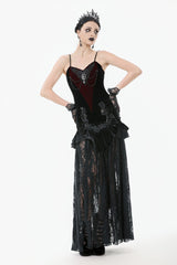 Black Multi-Layered Ruffled Velvet Spliced Lace Lace-Up Women's Gothic Long Skirt - Product - 12