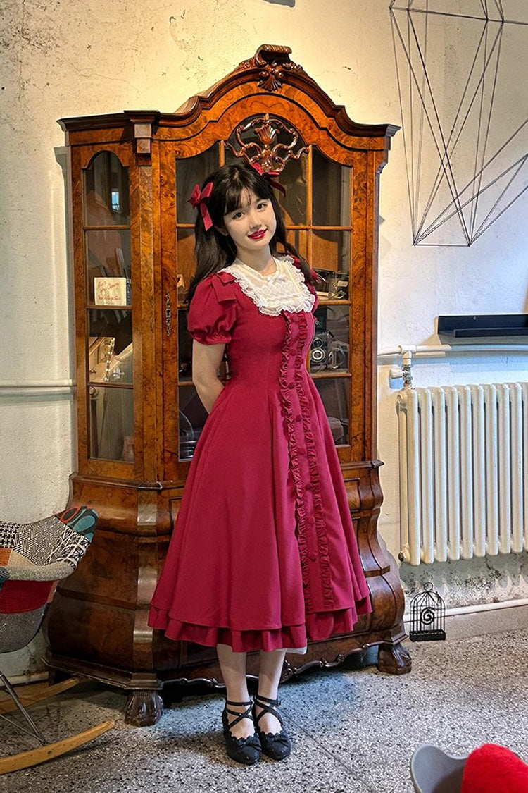 Wine Red Annie's Gift Short Sleeves Bowknot Sweet Lolita Dress (Plus Size Support) - Product - 4