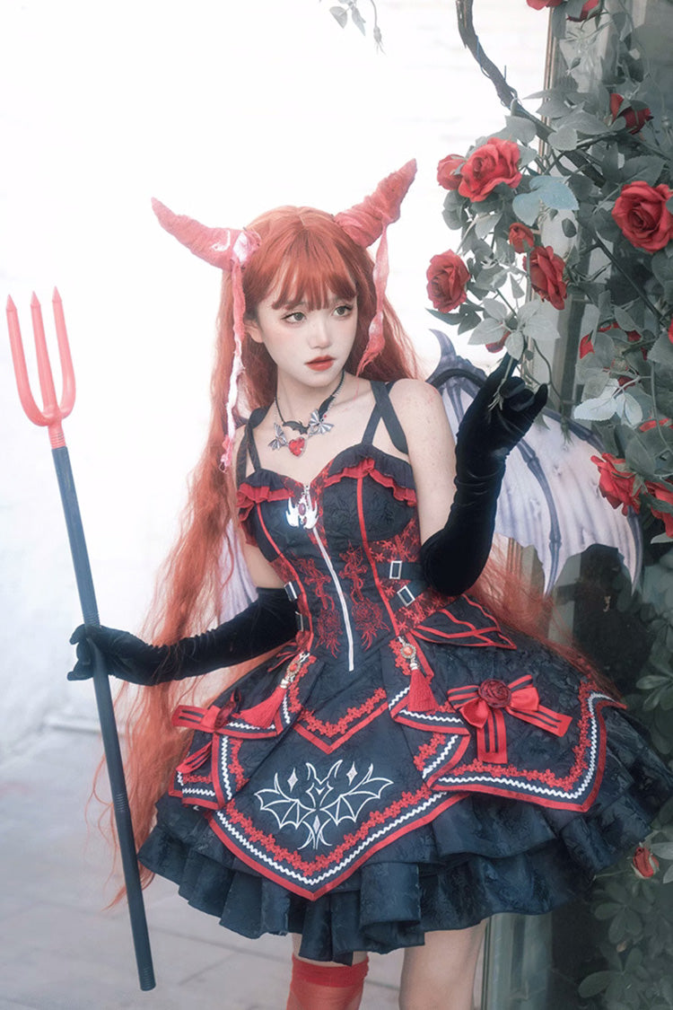 Black/Red Bat Print Ruffle Cardigan Gothic Lolita Jsk Dress - Product - 6