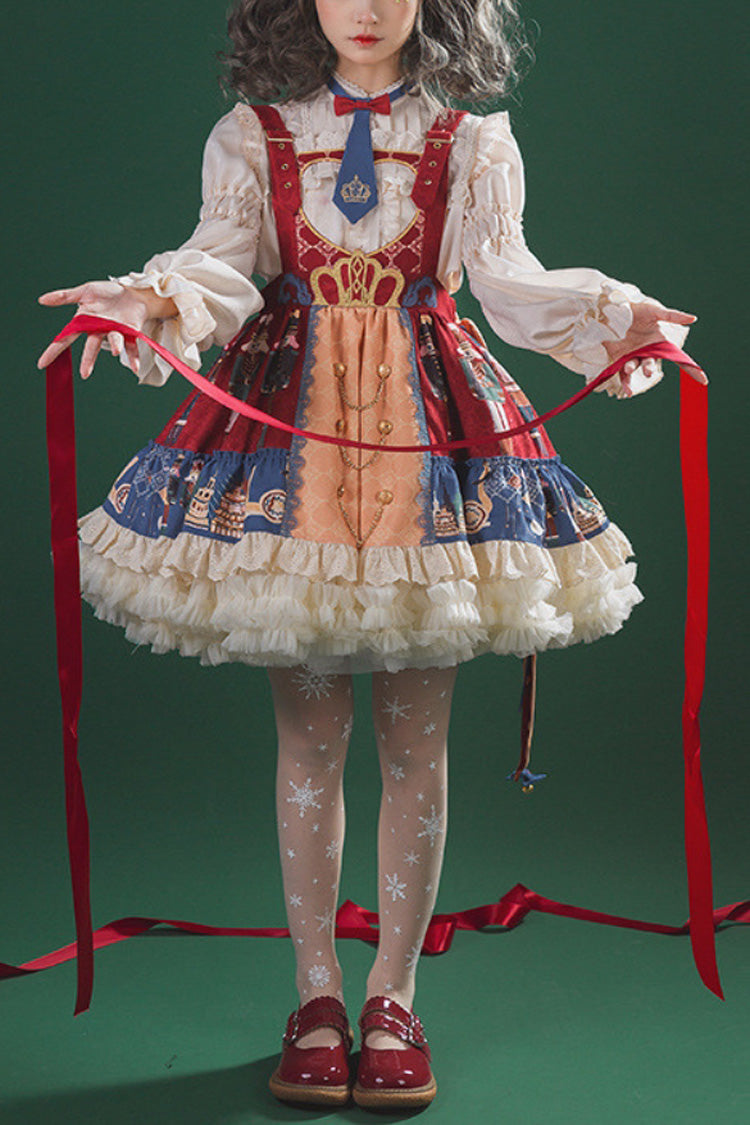 Red/Blue Clara Collection Nutcracker Print Ruffle Hemline Sweet Lolita Strap Dress - Red/Blue - 1