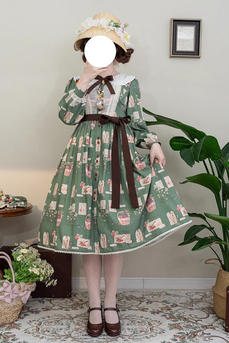 Forest Illustrated Book Long Lantern Sleeves Print Ruffle Sweet Lolita OP Dress 3 Colors - Green - 2