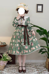 Forest Illustrated Book Long Lantern Sleeves Print Ruffle Sweet Lolita OP Dress 3 Colors - Green - 2