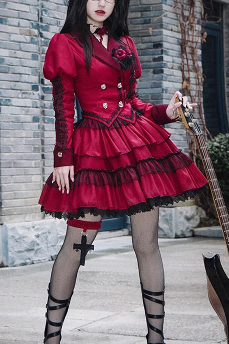 Red Gothic Punk Long Sleeves Removable Corsage Lolita Skirt Set - Red - 1
