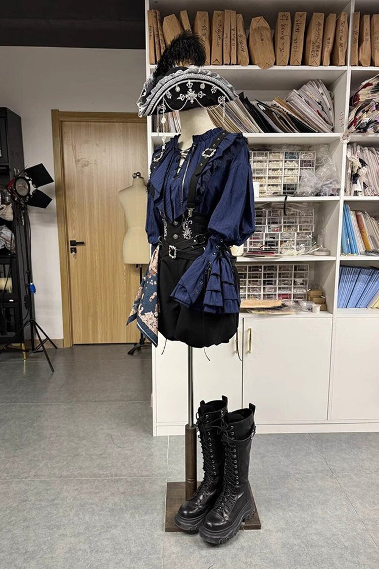 Blue Pirate Series Navigation Treasure Hunting Guide V Collar Long Hime Sleeves Ouji Lolita Blouse - Product - 2