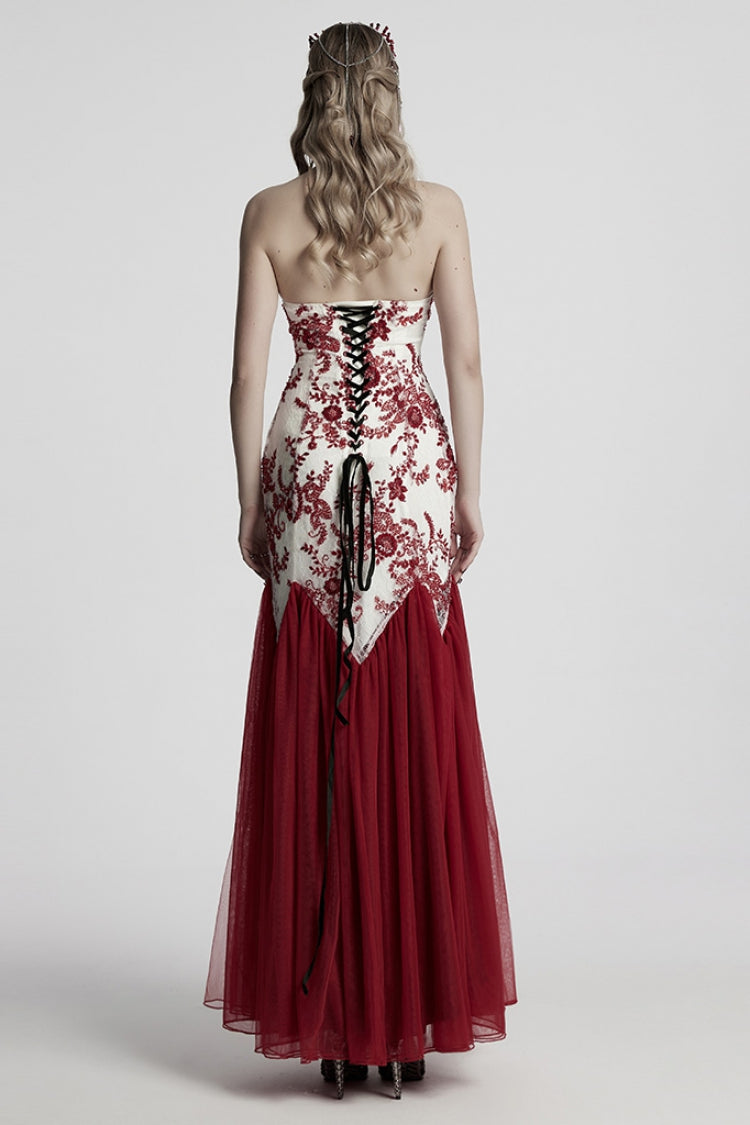 Red Off Shoulder Embroidery Lace Slim Women's Gothic Gown Fishtail Dress - Product - 3
