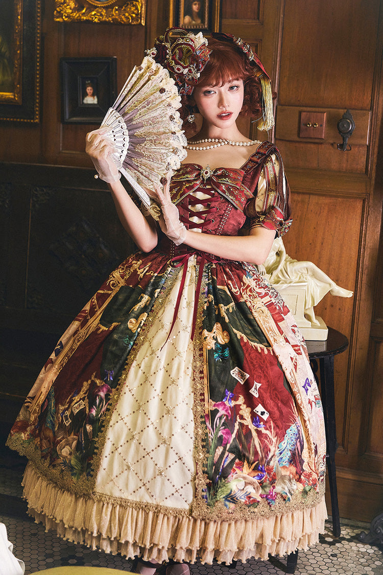 Red [Kaleidoscope of Dreams] Double-Layered Print Embroidery Bowknot Lace-Up Classic Vintage Gorgeous Lolita Dress - Product - 3