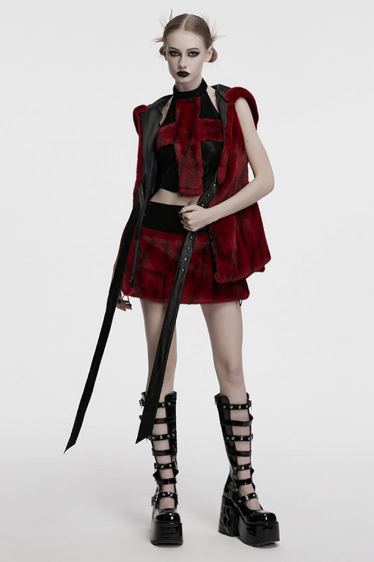 Black/Red Faux Fur Stitching Faux Leather Lace-Up Women's Punk Skirt - Product - 4