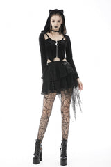 Black Long Sleeves Irregular Moon-shaped Zipper Women's Punk Crop Top with Cat's Ears Hood - Black - 1