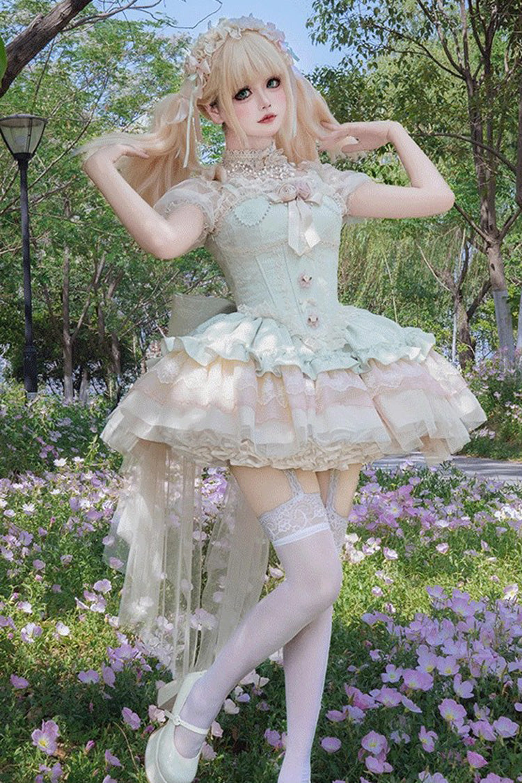 Green [Fleeting Light and Shallow Dream] Sleeveless Multi-Layered Ruffle Bowknot Lace Slim Sweet Ballet Lolita Jsk Dress - Product - 5