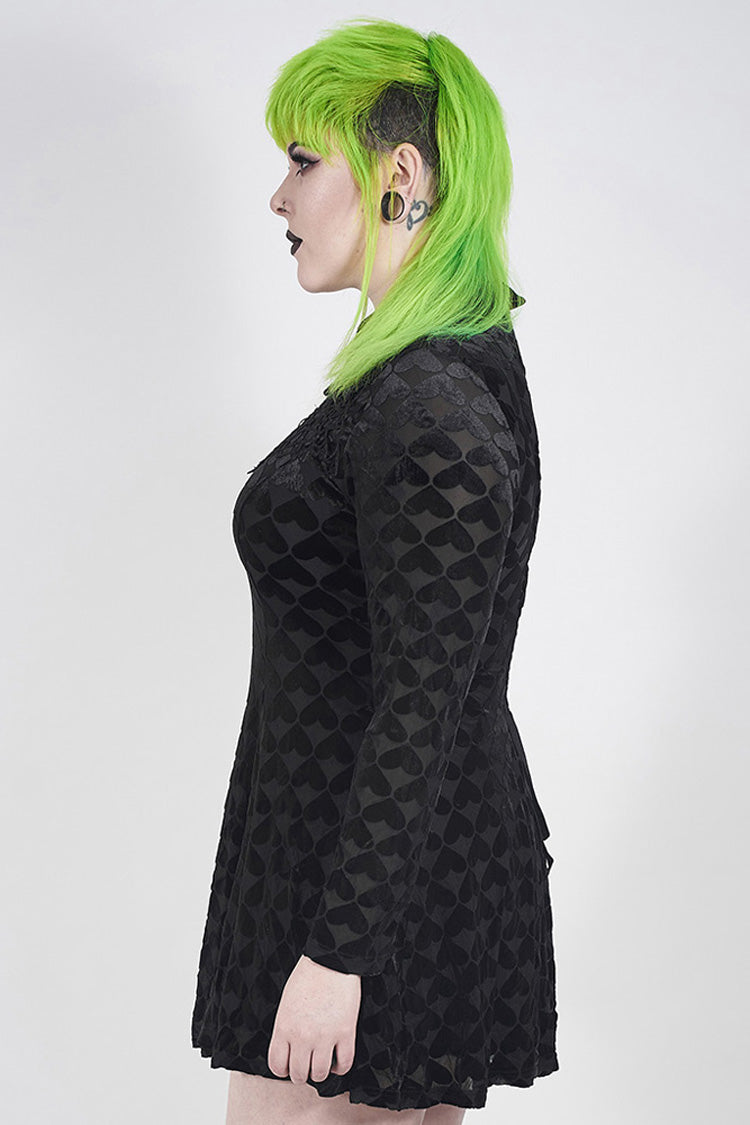 Black Front Chest Hollow-Out Decals Long Sleeve Back Waist Lace-Up Plus Size Mercerized Velvet Print Women's Gothic Dress - Product - 2