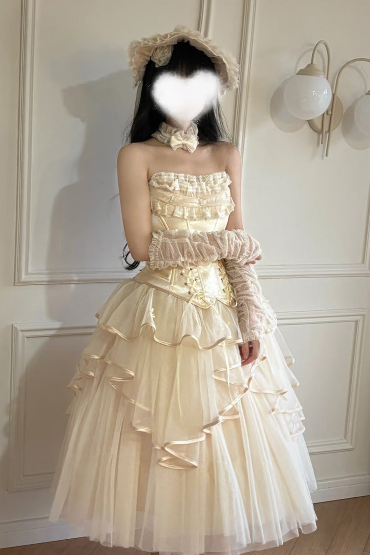 Ivory [The Summer Waves Sparkle] Square Collar Sleeveless Multi-Layered Ruffled Bow Lace-Up Slim Sweet Lolita Skirt Set - Product - 3