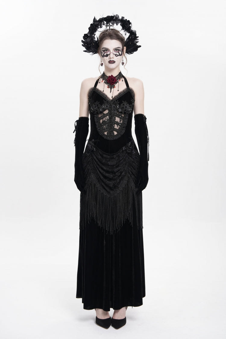 Black Sleeveless Hollow Floral Embroidery Lace-Up Pleated Women's Gothic Maxi Dress - Product - 2