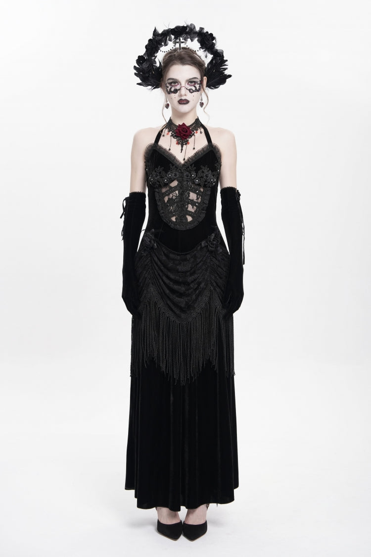 Black Sleeveless Hollow Floral Embroidery Lace-Up Pleated Women's Gothic Maxi Dress - Product - 2