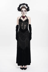 Black Sleeveless Hollow Floral Embroidery Lace-Up Pleated Women's Gothic Maxi Dress - Product - 2