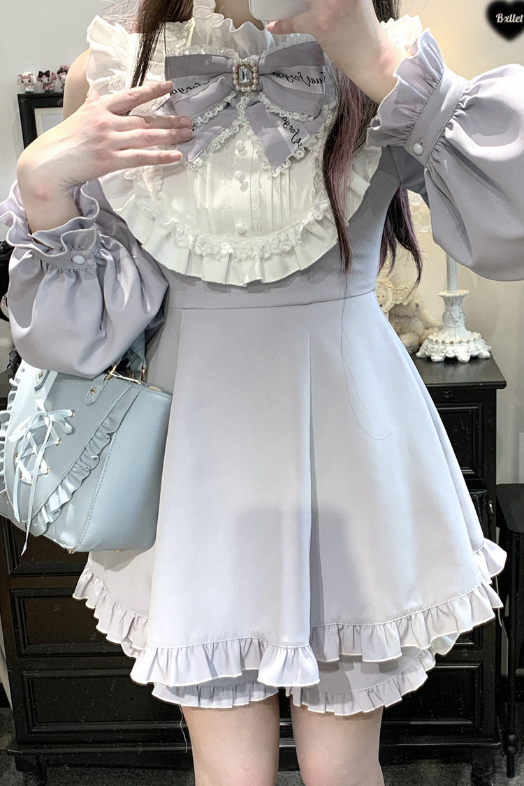 Light Blue [Rose Princess] Off Shoulder Long Sleeves Ruffle Bowknot Gothic Jirai Kei Dress - Product - 7