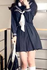 Dark Blue Navy Collar Sweet College Style Japanese School Skirt - Blue - 1