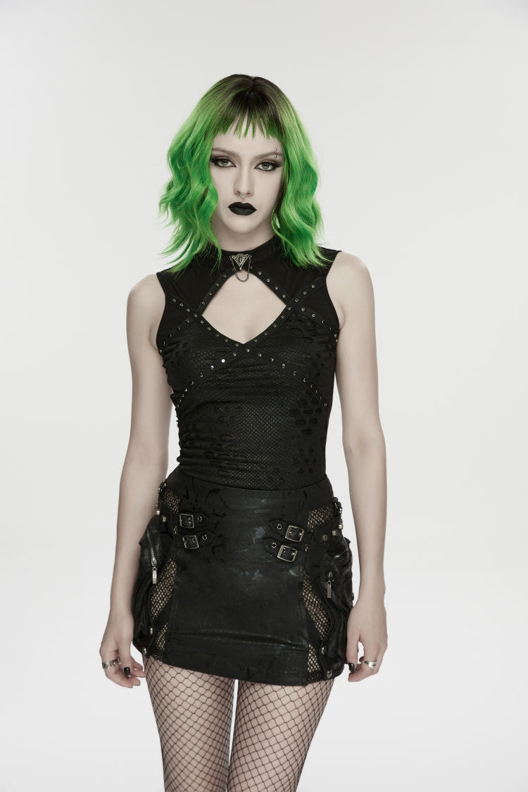 Black Sleeveless Cut-Out Ripped Studded Zippered Women's Punk Cool Vest - Black - 1