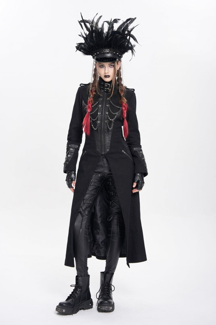 Black Stand Collar Long Sleeves Buckle Chain Women's Punk Jacket - Product - 4