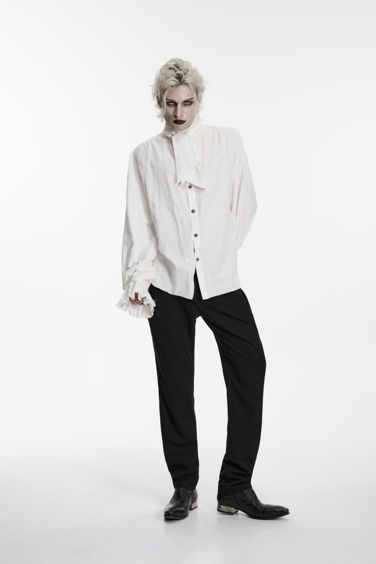 White Stand Collar Long Puff Sleeves Jacquard Detachable Tie Men's Gorgeous Shirt - Product - 4