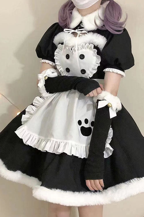 Black/White Cat Paw Print Short Sleeves Maid Sweet Lolita Dress Set - Black/White - 1