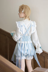 White/Blue [Angel’s Covenant] Stand Collar Long Sleeves Striped Printed Bow Gothic Ouji Lolita Suspender Shorts Set - Product - 4