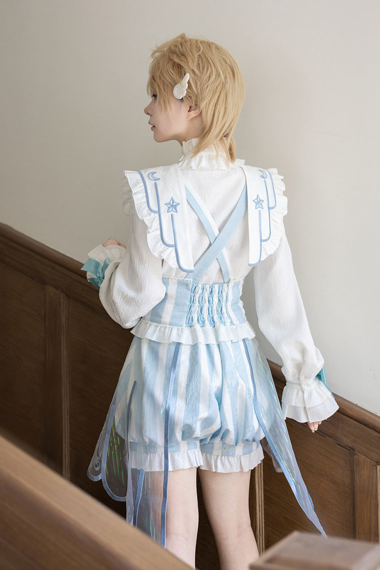 White/Blue [Angel’s Covenant] Stand Collar Long Sleeves Striped Printed Bow Gothic Ouji Lolita Suspender Shorts Set - Product - 4