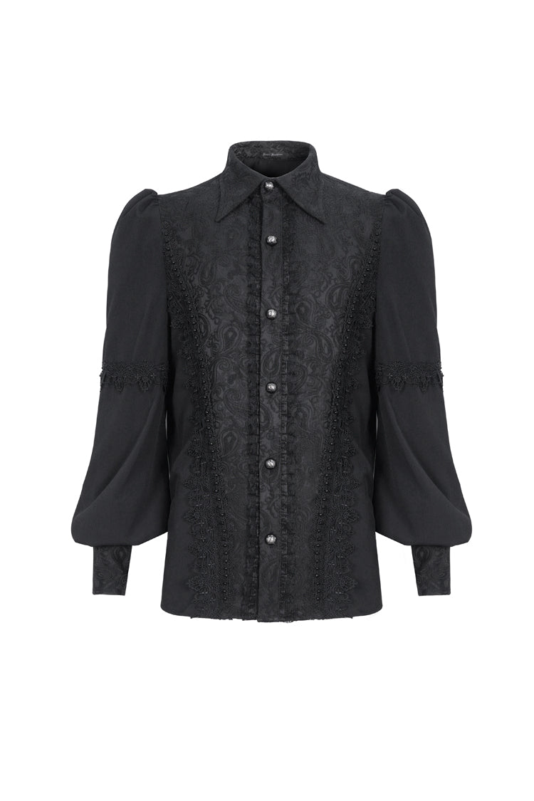 Black Lapel Collar Lantern Sleeves Jacquard Embroidery Men's Gothic Blouse - Product - 5
