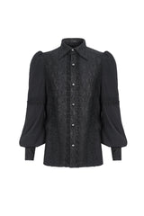 Black Lapel Collar Lantern Sleeves Jacquard Embroidery Men's Gothic Blouse - Product - 5