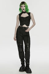 Black Sleeveless Cut-Out Studded Mechanical Women's Punk Tank Top - Product - 4
