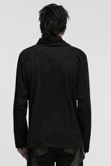 Black Stand Collar Long Sleeves Embroidered Ripped Studded Loose Men's Punk T-Shirt - Product - 3