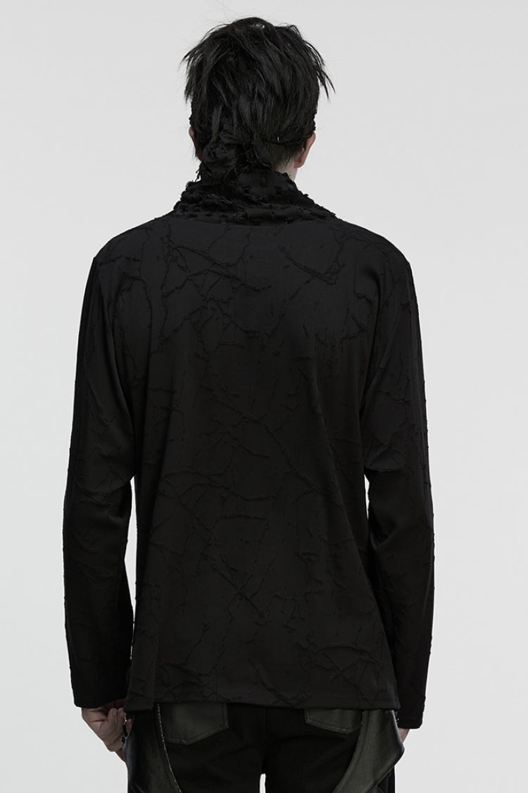 Black Stand Collar Long Sleeves Embroidered Ripped Studded Loose Men's Punk T-Shirt - Product - 3