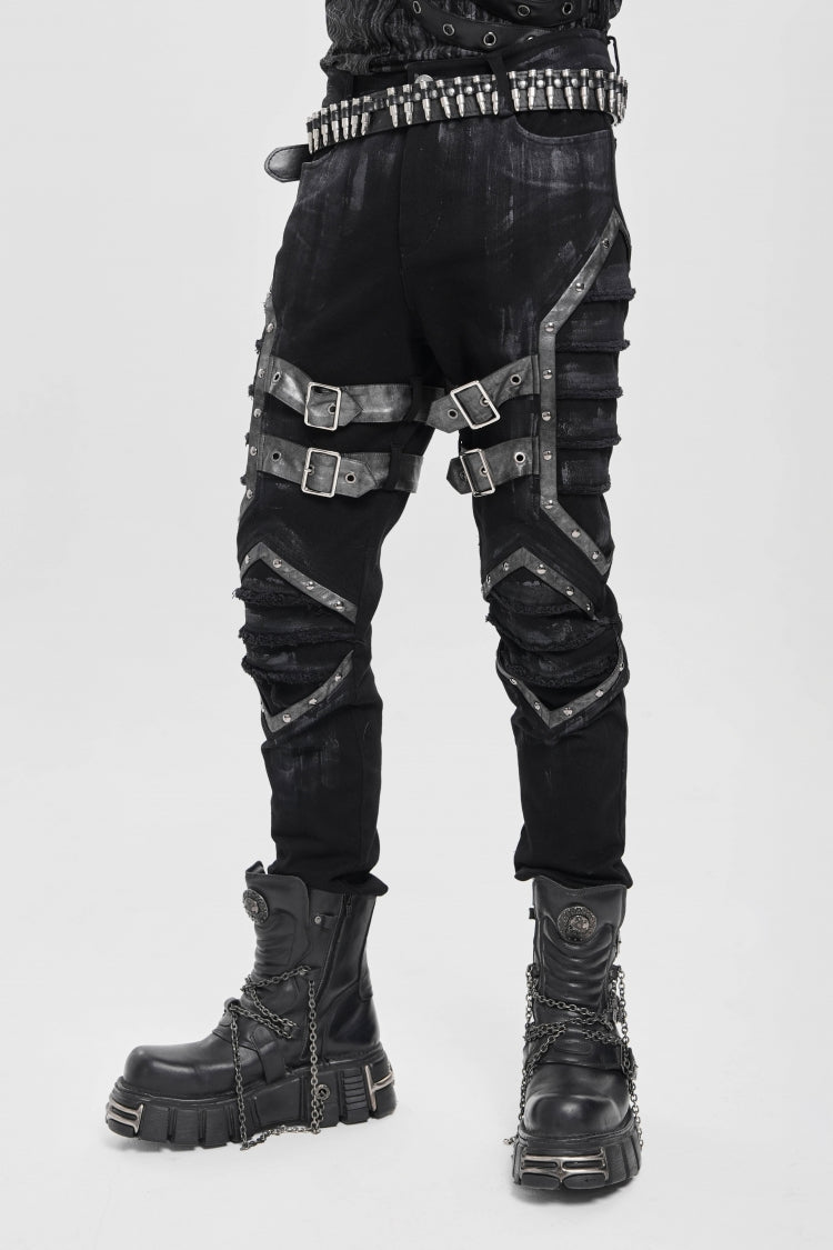 Black Buckle Straps Pleated Men's Punk Pants - Product - 4