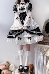 White/Black Hime Sleeves Multi-layer Ruffle Cardigan Bowknot Gothic Princess Lolita Dress - Product - 7