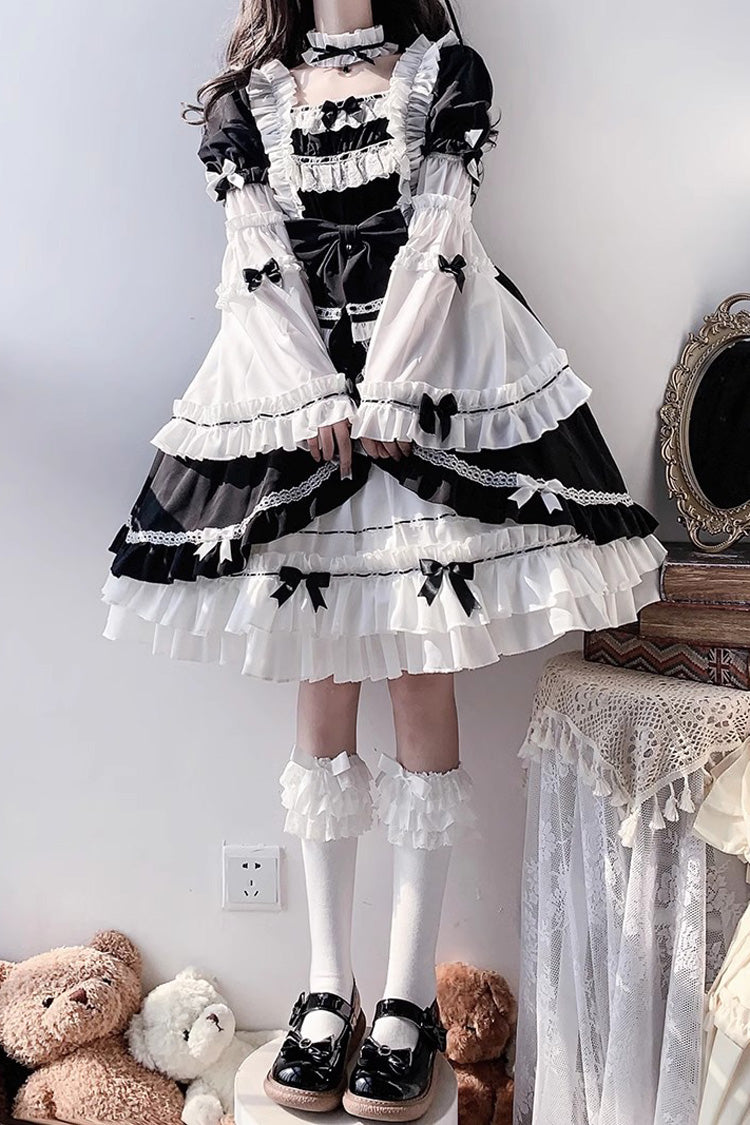 White/Black Hime Sleeves Multi-layer Ruffle Cardigan Bowknot Gothic Princess Lolita Dress - Product - 7