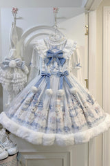 White [Winter Fluffy Bea] Sleeveless Print Bowknot Sweet Lolita Jsk Dress - White - 1