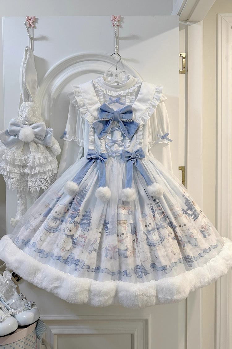 White [Winter Fluffy Bea] Sleeveless Print Bowknot Sweet Lolita Jsk Dress - White - 1
