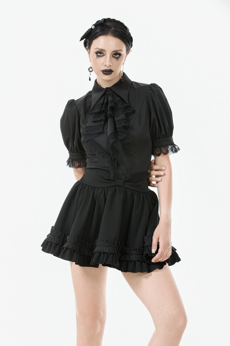 Black Point Lapel Collar Short Puff Sleeves Women's Gothic Blouse with Removable Rosette Cravat - Black - 1